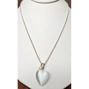 Silver Tone Chain with Frosted White Glass Heart Pendant 17.5"L
